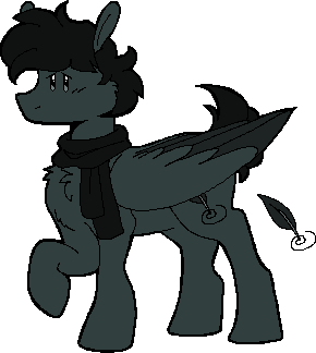 an art piece of my ponysona, corvus aves. he's a grey pegasus with black hair wearing a black scarf. he's standing, wings closed, lifting one hoof off the ground with a nervous expression.