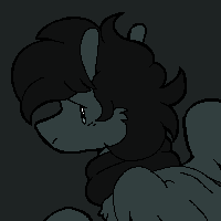 a headshot icon of corvus aves. he's a grey pegasus with black hair wearing a black scarf. his back is turned to the viewer but he's looking at them from over his shoulder. his wings are slightly unfurled and he looks nervous.