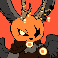 a headshot icon of jackie. it's a grey jackalope with a jack-o-lantern head. it wears a cape that's draped over it's shoulders. it's wings are spread and it's looking at the viewer with a determined glance.