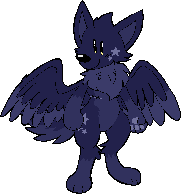 an art piece of my fursona, space. he's a purple winged wolf with lighter purple eyes. he's smiling while in a semi-neutral position, wings spread out.