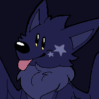a headshot icon of space. he's a purple anthrorpomorphic winged wolf with lighter purple eyes. he's smiling and sticking his tongue out.