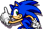 sprite of sonic from sonic advance 3. he is in a ready-to-run pisition, looking to the side with a bright smile and gesture.